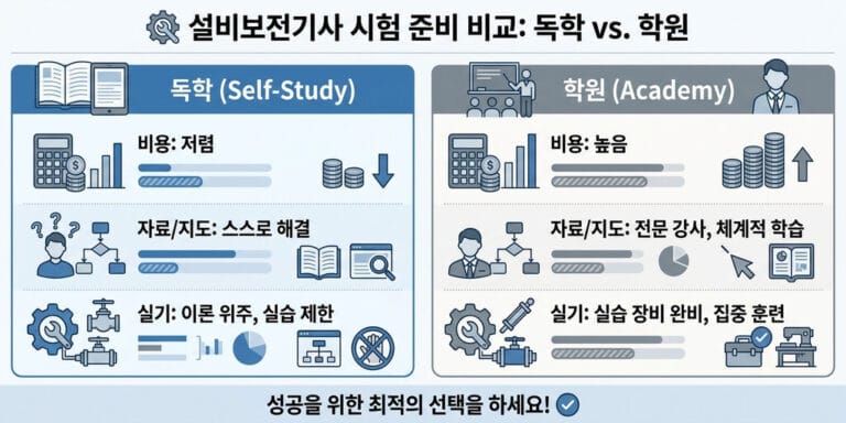 2026년 설비보전기능사 학원 vs 독학 선택 기준과 실기 학원 비용 분석