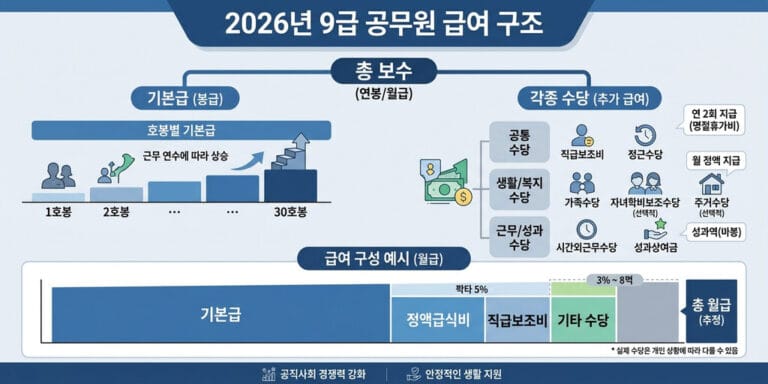 2026년 최신 9급 공무원 월급 및 연봉 실수령액표 (기본급과 수당 포함)