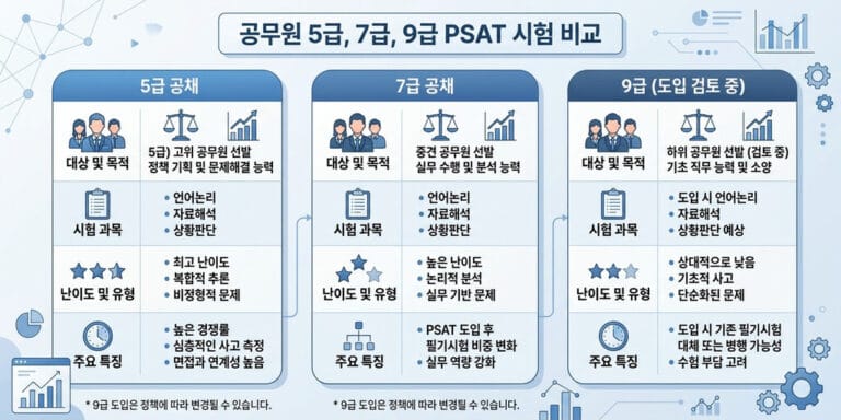 2026년 최신 5급·7급·9급 공무원 PSAT 시험 차이점 및 출제 경향