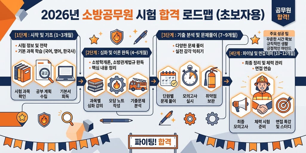 2026년 소방공무원 노베이스 독학 - 소방공무원 시험 준비를 위한 노베이스 독학 로드맵 인포그래픽