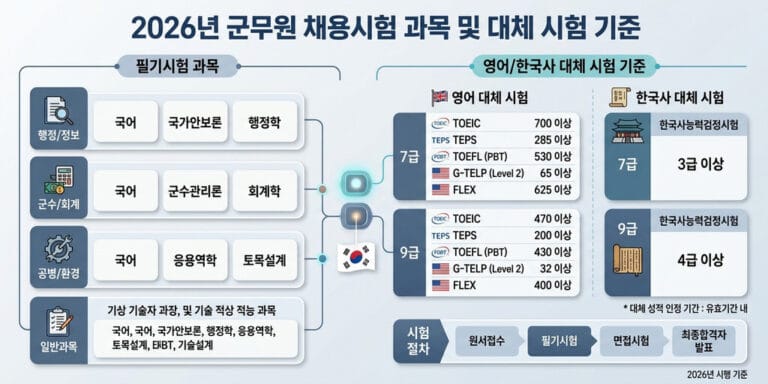 2026년 최신 군무원 직렬별 시험 과목 및 대체 시험(영어·한국사) 기준