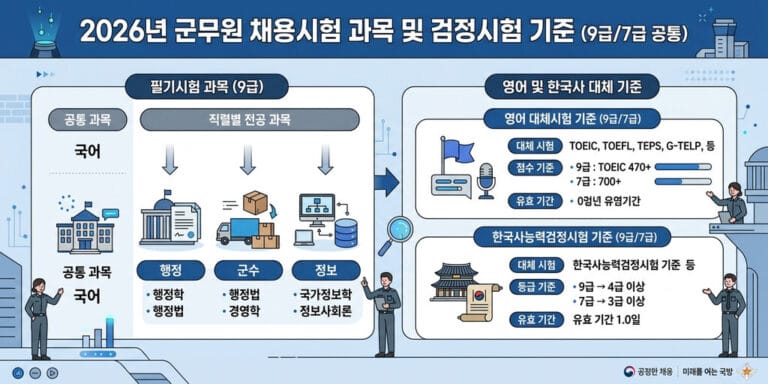 2026년 최신 군무원 직렬별 시험 과목 및 대체 시험(영어·한국사) 기준