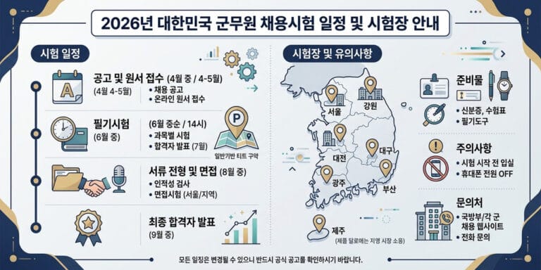 2026년 최신 군무원 시험 시간표 및 육군 등 군별 시험 장소 안내