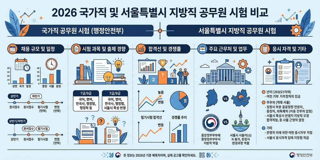 2026년 국가직 서울시 공무원 시험 차이 - 국가직과 서울시 공무원 시험의 일정 및 과목 차이를 정리한 인포그래픽