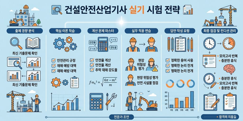 건설안전산업기사 실기 - 건설안전산업기사 실기 시험의 필답형과 작업형 배점 및 학습 전략을 요약한 인포그래픽