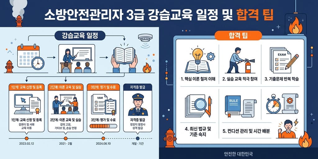 소방안전관리자 3급 - 2026년 하반기 강습교육 일정 및 시험 합격 가이드 인포그래픽