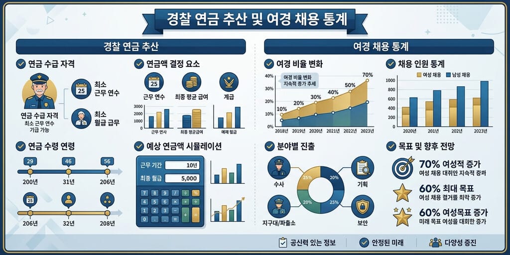 경찰공무원 연금 - 2026년 경찰공무원 연금 수령액 구조와 여자경찰공무원 채용 전망 인포그래픽