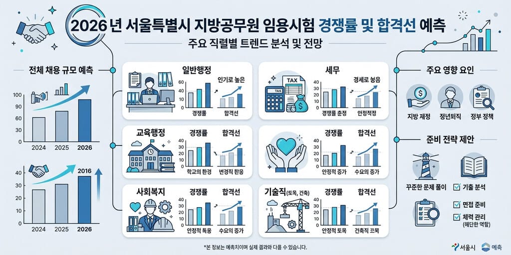 서울시 공무원 경쟁률 - 2026년 서울시 공무원 주요 직렬별 경쟁률 및 합격선 예측 인포그래픽