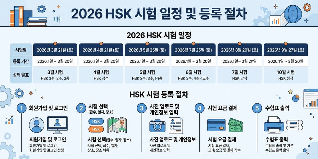 HSK 시험 일정 - 2026년 HSK 시험 일정 및 접수 안내 인포그래픽