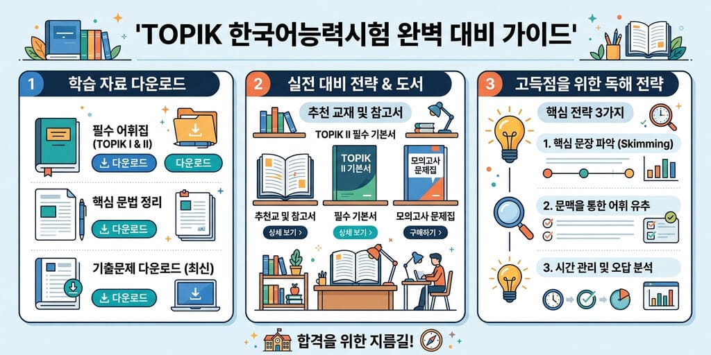TOPIK 기출문제 - 2026년 TOPIK 기출문제 다운로드 및 읽기 중급 유형 공략 인포그래픽