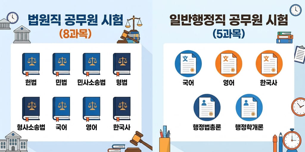 법원직 일반행정직 비교 - 2026년 법원직과 일반행정직 공무원 시험 과목 및 난이도 비교 인포그래픽