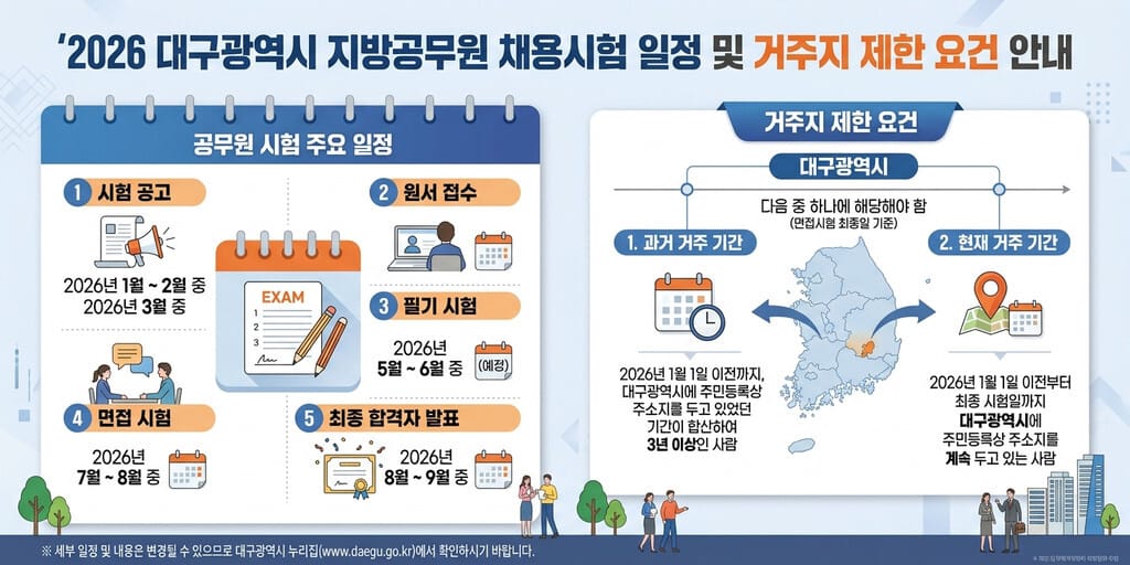 대구 지방공무원 시험일정 - 2026년 대구 지방공무원 시험일정 및 거주지 제한 핵심 요약 인포그래픽