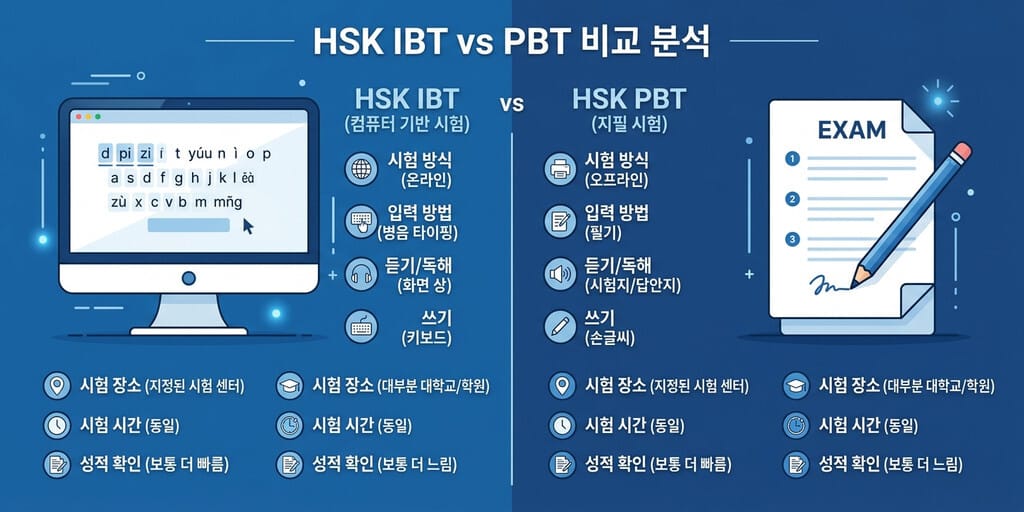 HSK IBT PBT 차이 - 2026년 HSK IBT와 PBT 시험 방식의 핵심 차이점 비교 인포그래픽