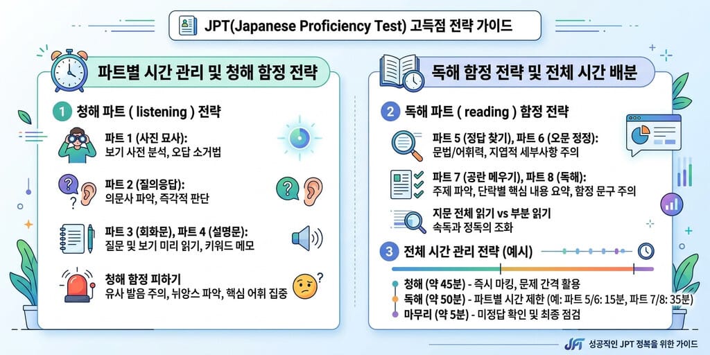 JPT 만점 - JPT 990점 만점 달성을 위한 파트별 시간 배분 및 함정 공략 인포그래픽