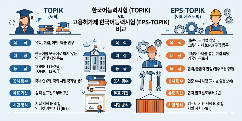 TOPIK EPS-TOPIK 차이점 - TOPIK과 EPS-TOPIK의 등급 체계 및 목적 비교 인포그래픽